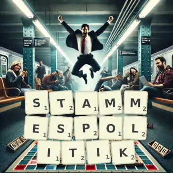 Kreative Illustration für ein Scrabble-Spiel, bei dem das Wort STAMMESPOLITIK mit Steinen auf dem Brett gelegt wurde.