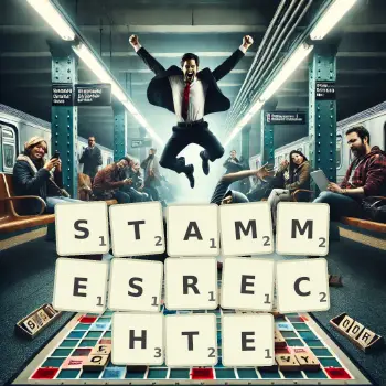 Kreative Illustration für ein Scrabble-Spiel, bei dem das Wort STAMMESRECHTE mit Steinen auf dem Brett gelegt wurde.