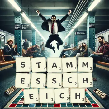 Kreative Illustration für ein Scrabble-Spiel, bei dem das Wort STAMMESSCHEICH mit Steinen auf dem Brett gelegt wurde.