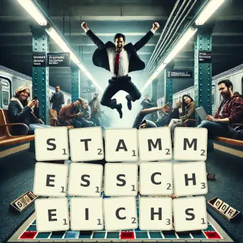 Kreative Illustration für ein Scrabble-Spiel, bei dem das Wort STAMMESSCHEICHS mit Steinen auf dem Brett gelegt wurde.