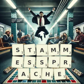 Kreative Illustration für ein Scrabble-Spiel, bei dem das Wort STAMMESSPRACHE mit Steinen auf dem Brett gelegt wurde.