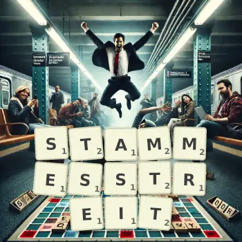 Kreative Illustration für ein Scrabble-Spiel, bei dem das Wort STAMMESSTREIT mit Steinen auf dem Brett gelegt wurde.