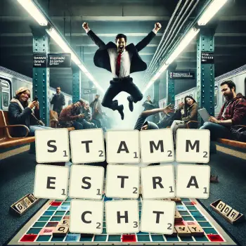 Kreative Illustration für ein Scrabble-Spiel, bei dem das Wort STAMMESTRACHT mit Steinen auf dem Brett gelegt wurde.