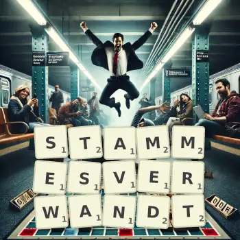 Kreative Illustration für ein Scrabble-Spiel, bei dem das Wort STAMMESVERWANDT mit Steinen auf dem Brett gelegt wurde.