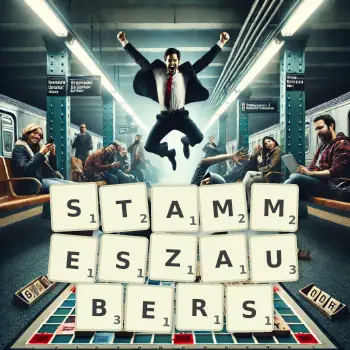Kreative Illustration für ein Scrabble-Spiel, bei dem das Wort STAMMESZAUBERS mit Steinen auf dem Brett gelegt wurde.