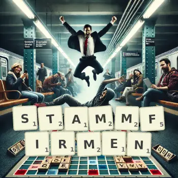 Kreative Illustration für ein Scrabble-Spiel, bei dem das Wort STAMMFIRMEN mit Steinen auf dem Brett gelegt wurde.