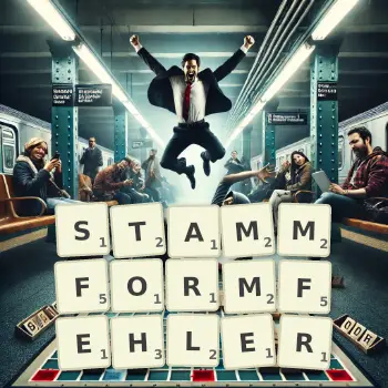 Kreative Illustration für ein Scrabble-Spiel, bei dem das Wort STAMMFORMFEHLER mit Steinen auf dem Brett gelegt wurde.