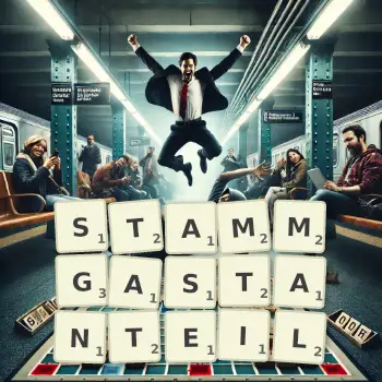 Kreative Illustration für ein Scrabble-Spiel, bei dem das Wort STAMMGASTANTEIL mit Steinen auf dem Brett gelegt wurde.