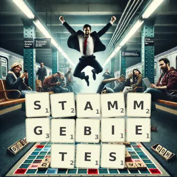 Kreative Illustration für ein Scrabble-Spiel, bei dem das Wort STAMMGEBIETES mit Steinen auf dem Brett gelegt wurde.