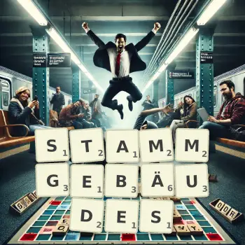 Kreative Illustration für ein Scrabble-Spiel, bei dem das Wort STAMMGEBÄUDES mit Steinen auf dem Brett gelegt wurde.