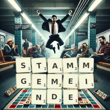 Kreative Illustration für ein Scrabble-Spiel, bei dem das Wort STAMMGEMEINDE mit Steinen auf dem Brett gelegt wurde.