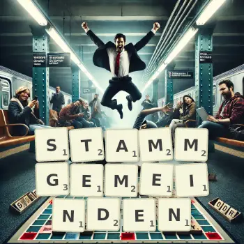 Kreative Illustration für ein Scrabble-Spiel, bei dem das Wort STAMMGEMEINDEN mit Steinen auf dem Brett gelegt wurde.