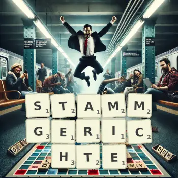 Kreative Illustration für ein Scrabble-Spiel, bei dem das Wort STAMMGERICHTE mit Steinen auf dem Brett gelegt wurde.