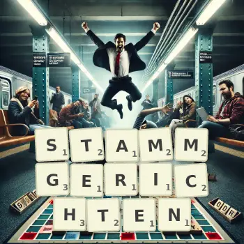 Kreative Illustration für ein Scrabble-Spiel, bei dem das Wort STAMMGERICHTEN mit Steinen auf dem Brett gelegt wurde.