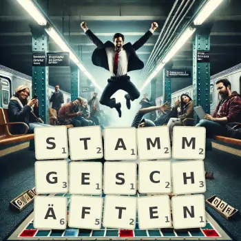 Kreative Illustration für ein Scrabble-Spiel, bei dem das Wort STAMMGESCHÄFTEN mit Steinen auf dem Brett gelegt wurde.