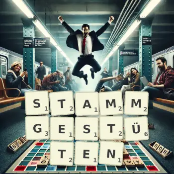 Kreative Illustration für ein Scrabble-Spiel, bei dem das Wort STAMMGESTÜTEN mit Steinen auf dem Brett gelegt wurde.