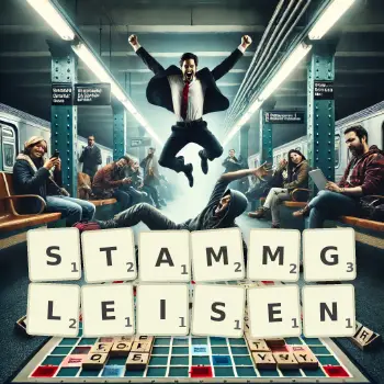 Kreative Illustration für ein Scrabble-Spiel, bei dem das Wort STAMMGLEISEN mit Steinen auf dem Brett gelegt wurde.