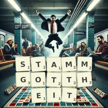 Kreative Illustration für ein Scrabble-Spiel, bei dem das Wort STAMMGOTTHEIT mit Steinen auf dem Brett gelegt wurde.