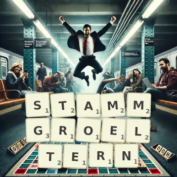 Kreative Illustration für ein Scrabble-Spiel, bei dem das Wort STAMMGROELTERN mit Steinen auf dem Brett gelegt wurde.