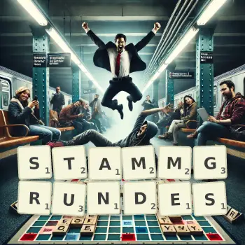 Kreative Illustration für ein Scrabble-Spiel, bei dem das Wort STAMMGRUNDES mit Steinen auf dem Brett gelegt wurde.