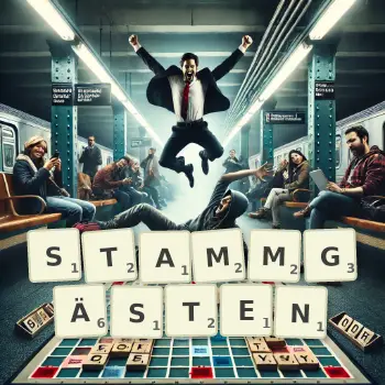 Kreative Illustration für ein Scrabble-Spiel, bei dem das Wort STAMMGÄSTEN mit Steinen auf dem Brett gelegt wurde.