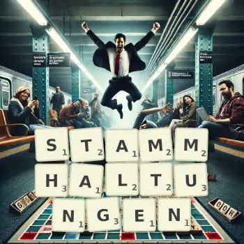 Kreative Illustration für ein Scrabble-Spiel, bei dem das Wort STAMMHALTUNGEN mit Steinen auf dem Brett gelegt wurde.