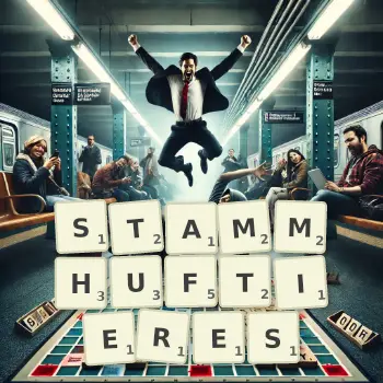 Kreative Illustration für ein Scrabble-Spiel, bei dem das Wort STAMMHUFTIERES mit Steinen auf dem Brett gelegt wurde.