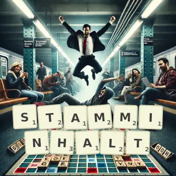 Kreative Illustration für ein Scrabble-Spiel, bei dem das Wort STAMMINHALT mit Steinen auf dem Brett gelegt wurde.