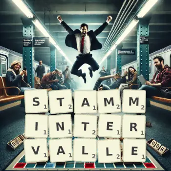 Kreative Illustration für ein Scrabble-Spiel, bei dem das Wort STAMMINTERVALLE mit Steinen auf dem Brett gelegt wurde.