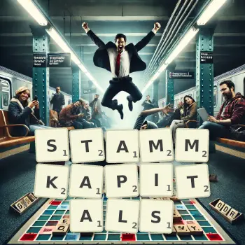 Kreative Illustration für ein Scrabble-Spiel, bei dem das Wort STAMMKAPITALS mit Steinen auf dem Brett gelegt wurde.