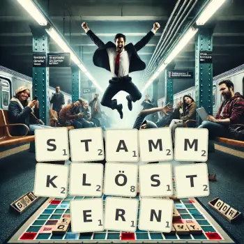 Kreative Illustration für ein Scrabble-Spiel, bei dem das Wort STAMMKLÖSTERN mit Steinen auf dem Brett gelegt wurde.