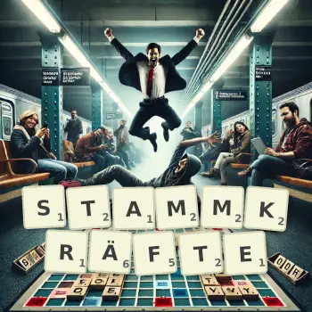 Kreative Illustration für ein Scrabble-Spiel, bei dem das Wort STAMMKRÄFTE mit Steinen auf dem Brett gelegt wurde.