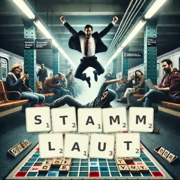 Kreative Illustration für ein Scrabble-Spiel, bei dem das Wort STAMMLAUT mit Steinen auf dem Brett gelegt wurde.