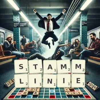 Kreative Illustration für ein Scrabble-Spiel, bei dem das Wort STAMMLINIE mit Steinen auf dem Brett gelegt wurde.