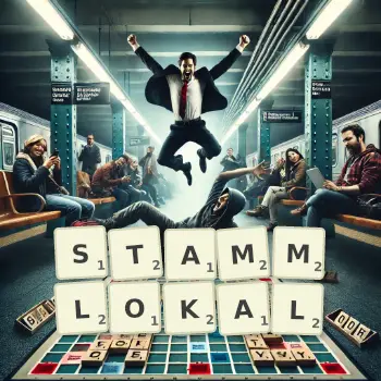 Kreative Illustration für ein Scrabble-Spiel, bei dem das Wort STAMMLOKAL mit Steinen auf dem Brett gelegt wurde.