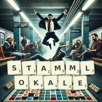 Kreative Illustration für ein Scrabble-Spiel, bei dem das Wort STAMMLOKALE mit Steinen auf dem Brett gelegt wurde.