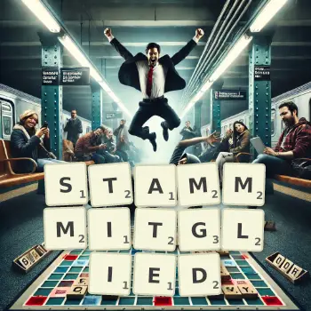 Kreative Illustration für ein Scrabble-Spiel, bei dem das Wort STAMMMITGLIED mit Steinen auf dem Brett gelegt wurde.