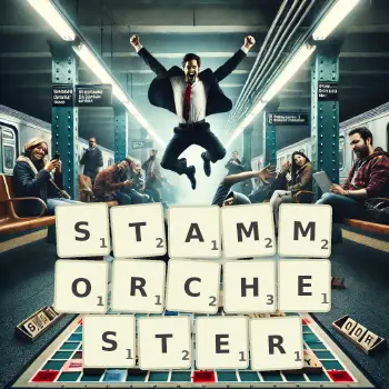 Kreative Illustration für ein Scrabble-Spiel, bei dem das Wort STAMMORCHESTER mit Steinen auf dem Brett gelegt wurde.