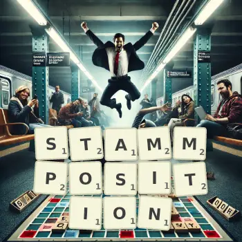 Kreative Illustration für ein Scrabble-Spiel, bei dem das Wort STAMMPOSITION mit Steinen auf dem Brett gelegt wurde.