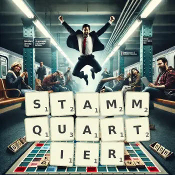 Kreative Illustration für ein Scrabble-Spiel, bei dem das Wort STAMMQUARTIER mit Steinen auf dem Brett gelegt wurde.