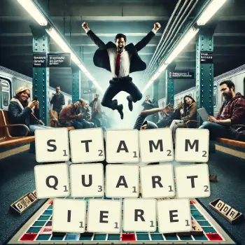 Kreative Illustration für ein Scrabble-Spiel, bei dem das Wort STAMMQUARTIERE mit Steinen auf dem Brett gelegt wurde.