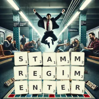 Kreative Illustration für ein Scrabble-Spiel, bei dem das Wort STAMMREGIMENTER mit Steinen auf dem Brett gelegt wurde.