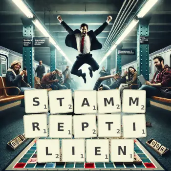 Kreative Illustration für ein Scrabble-Spiel, bei dem das Wort STAMMREPTILIEN mit Steinen auf dem Brett gelegt wurde.