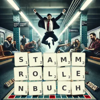 Kreative Illustration für ein Scrabble-Spiel, bei dem das Wort STAMMROLLENBUCH mit Steinen auf dem Brett gelegt wurde.