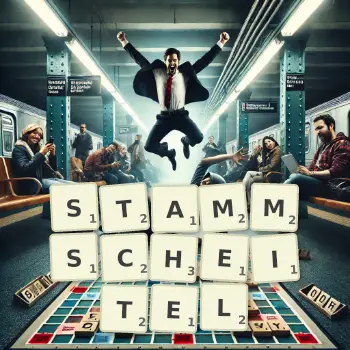 Kreative Illustration für ein Scrabble-Spiel, bei dem das Wort STAMMSCHEITEL mit Steinen auf dem Brett gelegt wurde.
