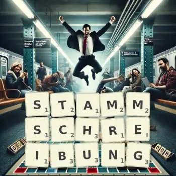 Kreative Illustration für ein Scrabble-Spiel, bei dem das Wort STAMMSCHREIBUNG mit Steinen auf dem Brett gelegt wurde.