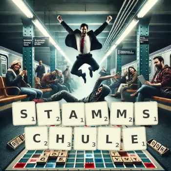 Kreative Illustration für ein Scrabble-Spiel, bei dem das Wort STAMMSCHULE mit Steinen auf dem Brett gelegt wurde.