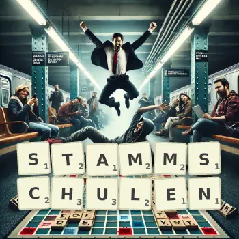 Kreative Illustration für ein Scrabble-Spiel, bei dem das Wort STAMMSCHULEN mit Steinen auf dem Brett gelegt wurde.