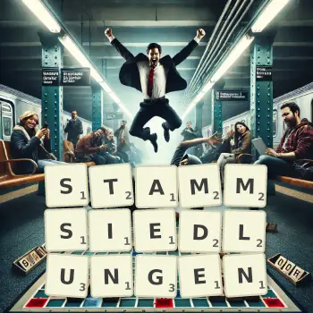 Kreative Illustration für ein Scrabble-Spiel, bei dem das Wort STAMMSIEDLUNGEN mit Steinen auf dem Brett gelegt wurde.