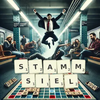 Kreative Illustration für ein Scrabble-Spiel, bei dem das Wort STAMMSIEL mit Steinen auf dem Brett gelegt wurde.